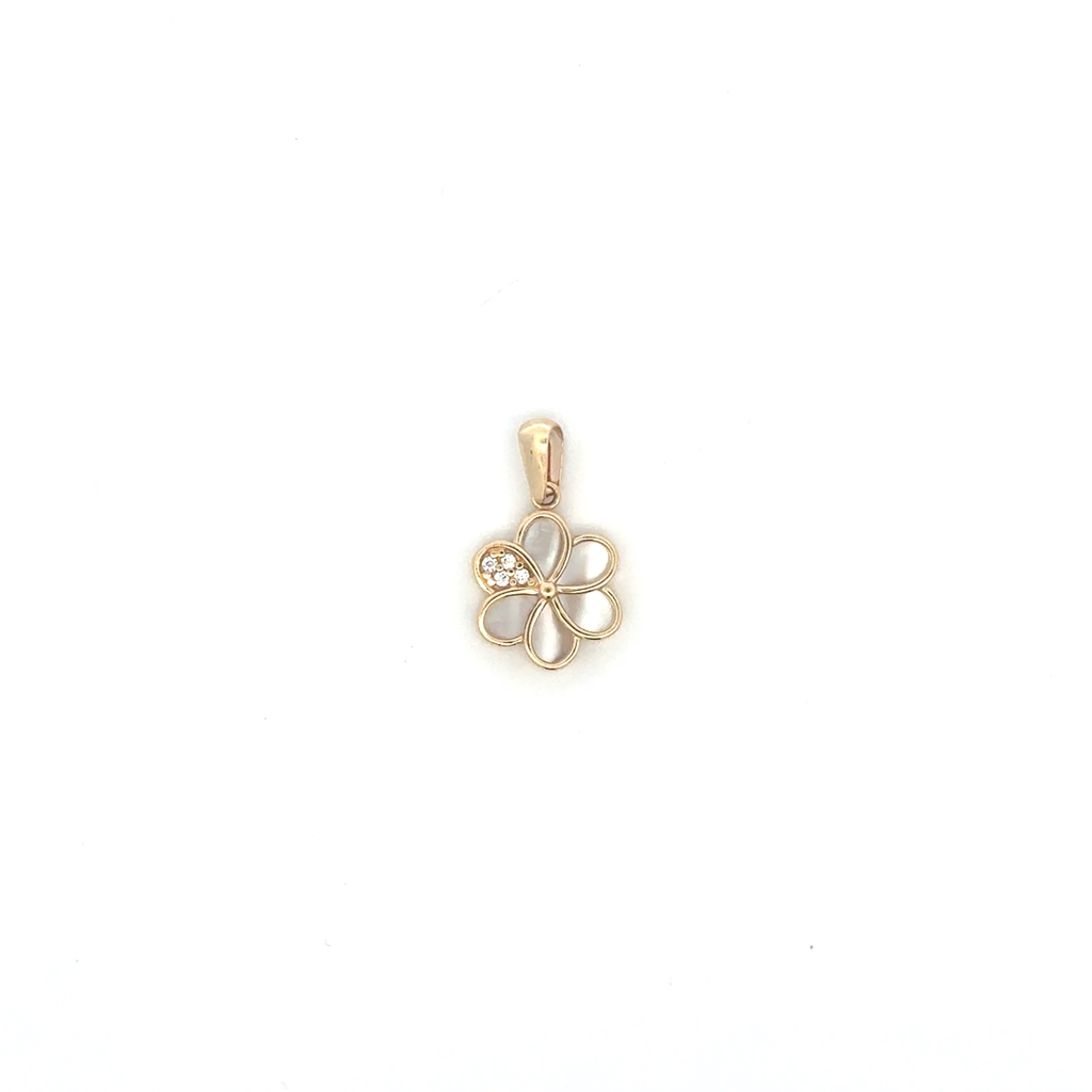 Pendentif fleur, or jaune 10 carats, nacre, zircons incolores