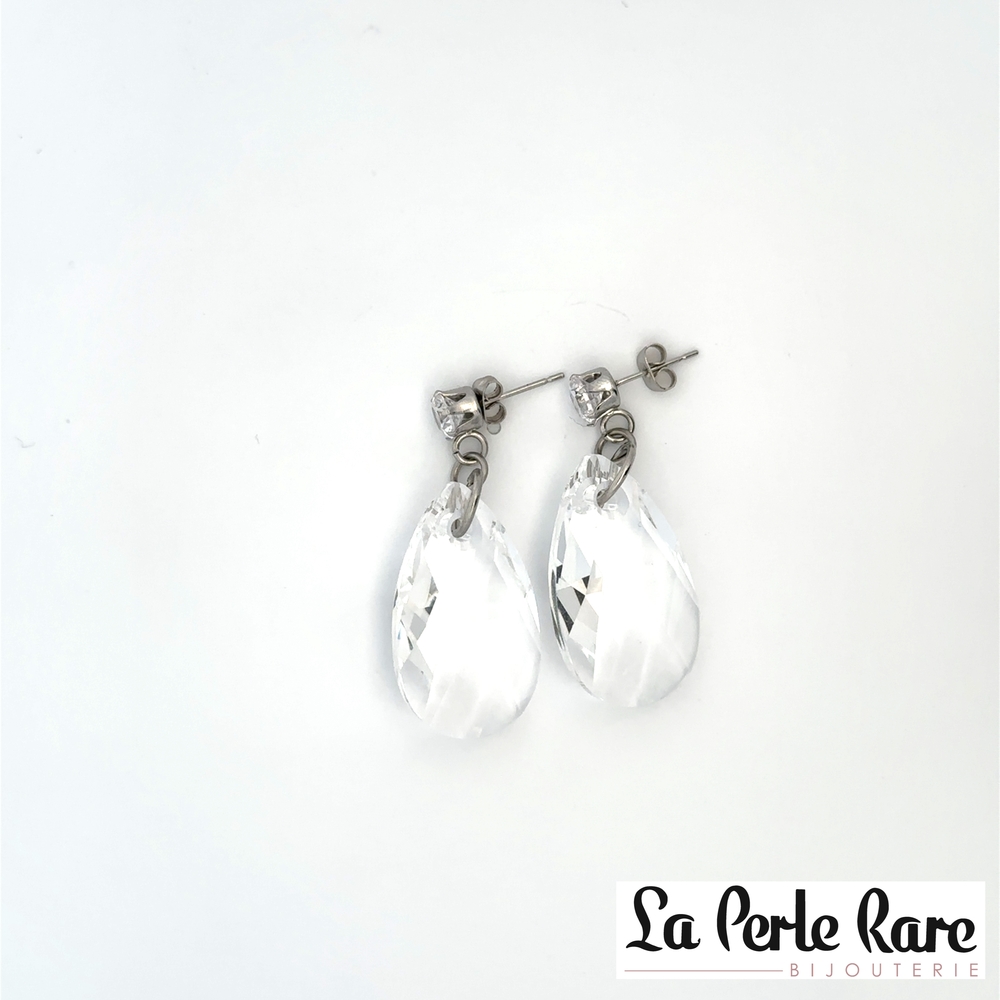 Boucles d'oreilles pendantes acier inoxydable, cristaux et zircons incolores - 171-ER8161 - Steelx