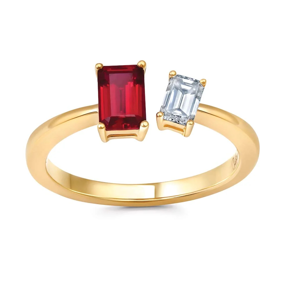 Bague ouverte or jaune 14 carats, rubis de laboratoire de 76 points, diamant de laboratoire de 26 points