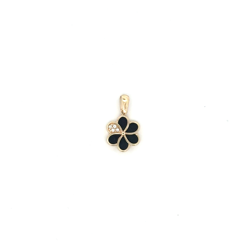Pendentif fleur, or jaune 10 carats, onyx, zircons incolores