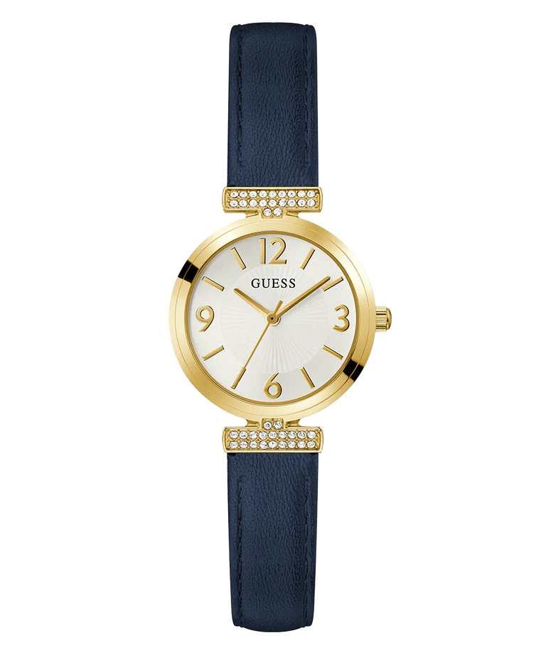 Montre cuir bleu, acier inoxydable doré, zircons incolores, fond blanc - GW0614L5 - Guess