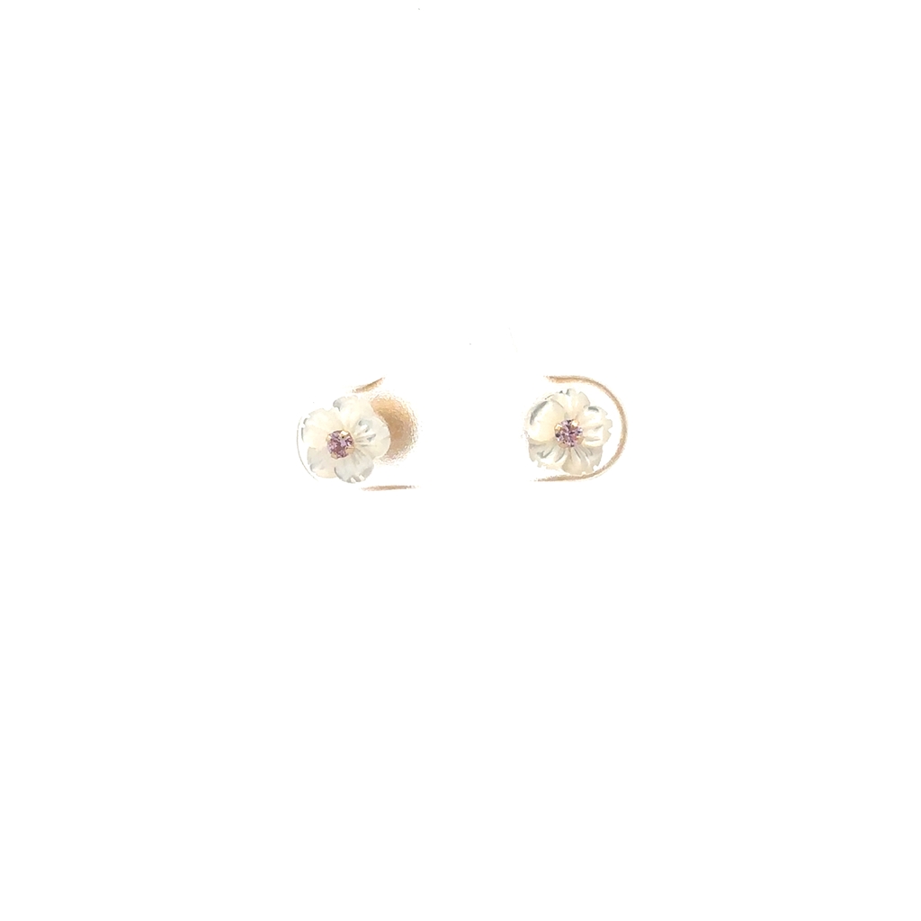 Boucles d'oreilles fixes fleurs or jaune 10 carats, nacre de perle et zircons roses - 10595-ROSE - Exclusivités