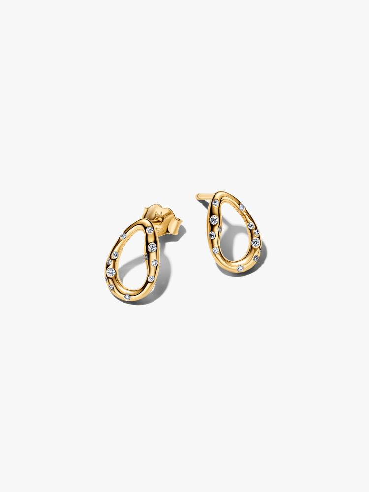 Boucles d'oreilles fixes ovales de forme organique, métal unique plaqué d'or 14 carats, zircons incolores