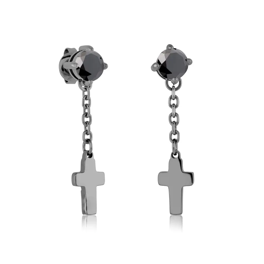 Bo pendantes croix, acier noir, zircons noirs - SEA345 - Italgem Steel