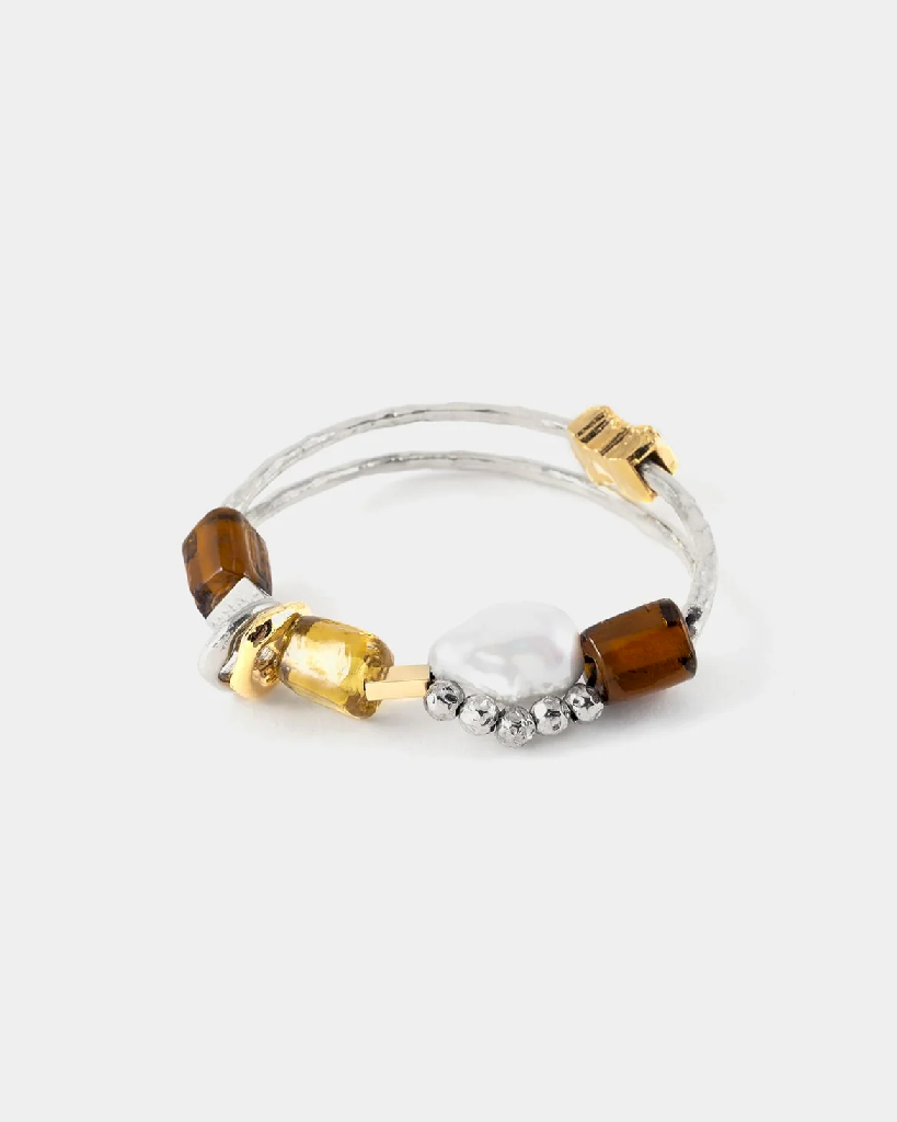 Bracelet élastique, étain 2 tons (blanc/jaune), verre coloré, perle