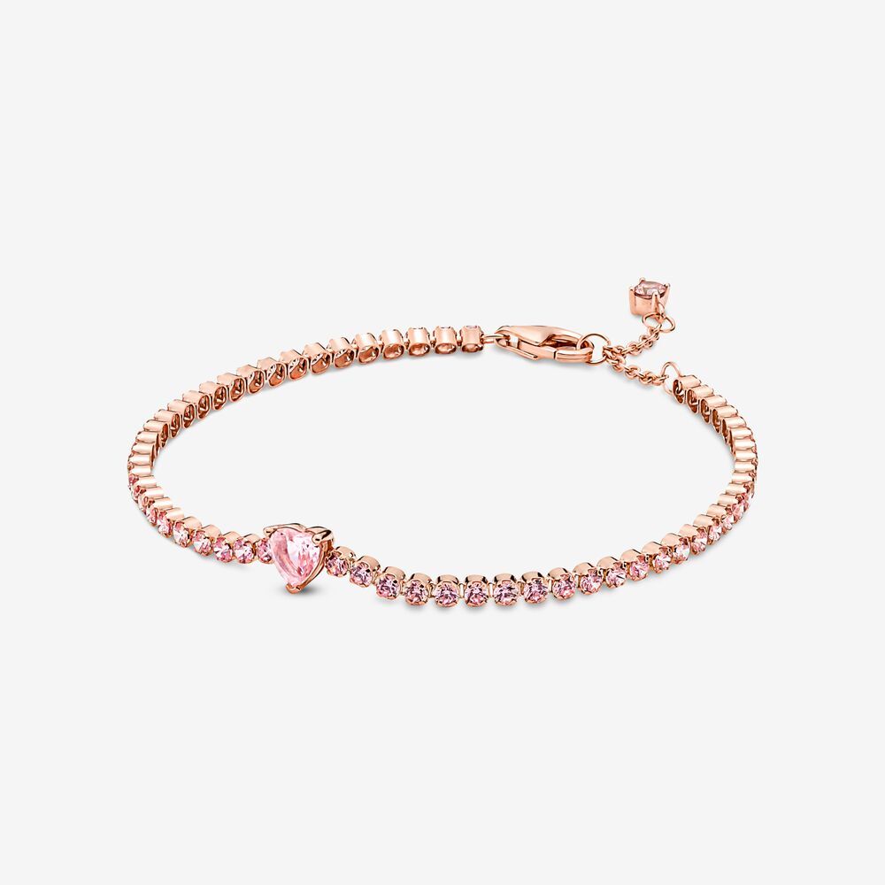 Bracelet tennis coeur scintillant, métal unique plaqué d'or rose 14 carats, cristaux roses Bracelet tennis coeur scintillant, métal unique plaqué d'or rose 14 carats, cristaux roses