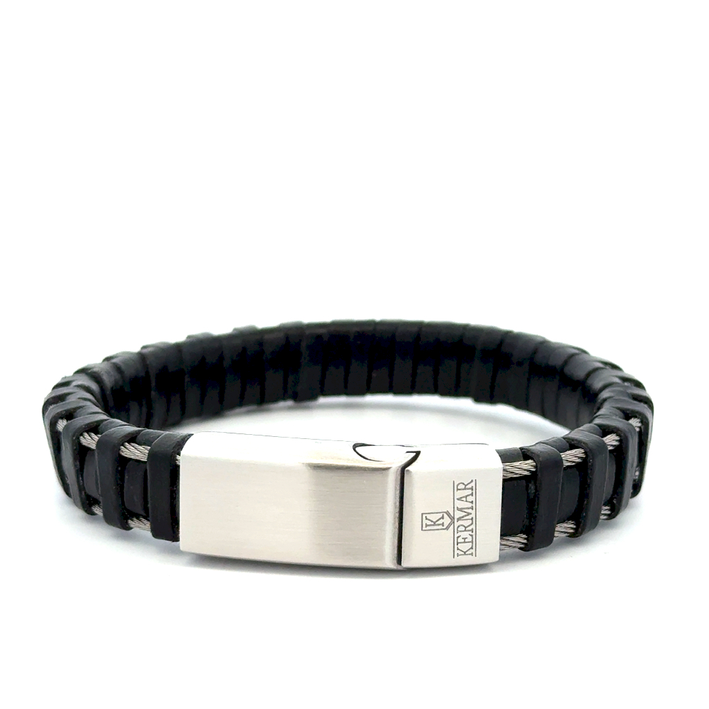 Bracelet cuir noir, acier inoxydable