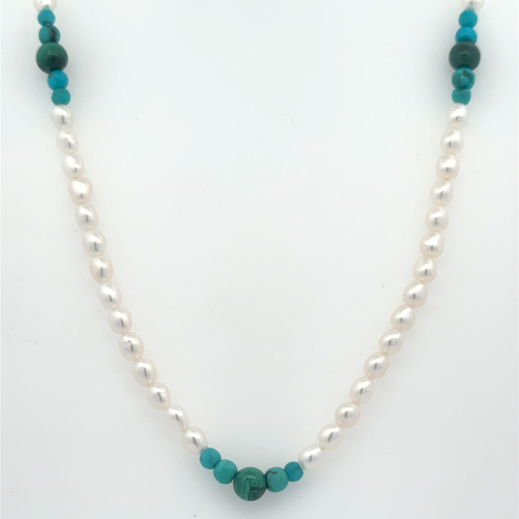 Collier perles, turquoises, malachites, fermoir argent