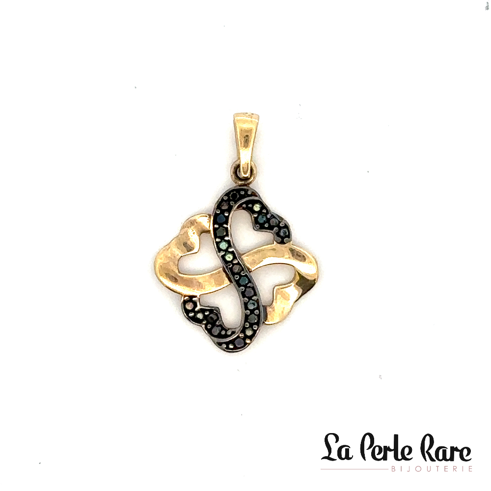 Pendentif trèfle or jaune 10 carats, zircons noirs - 487 - Exclusivités