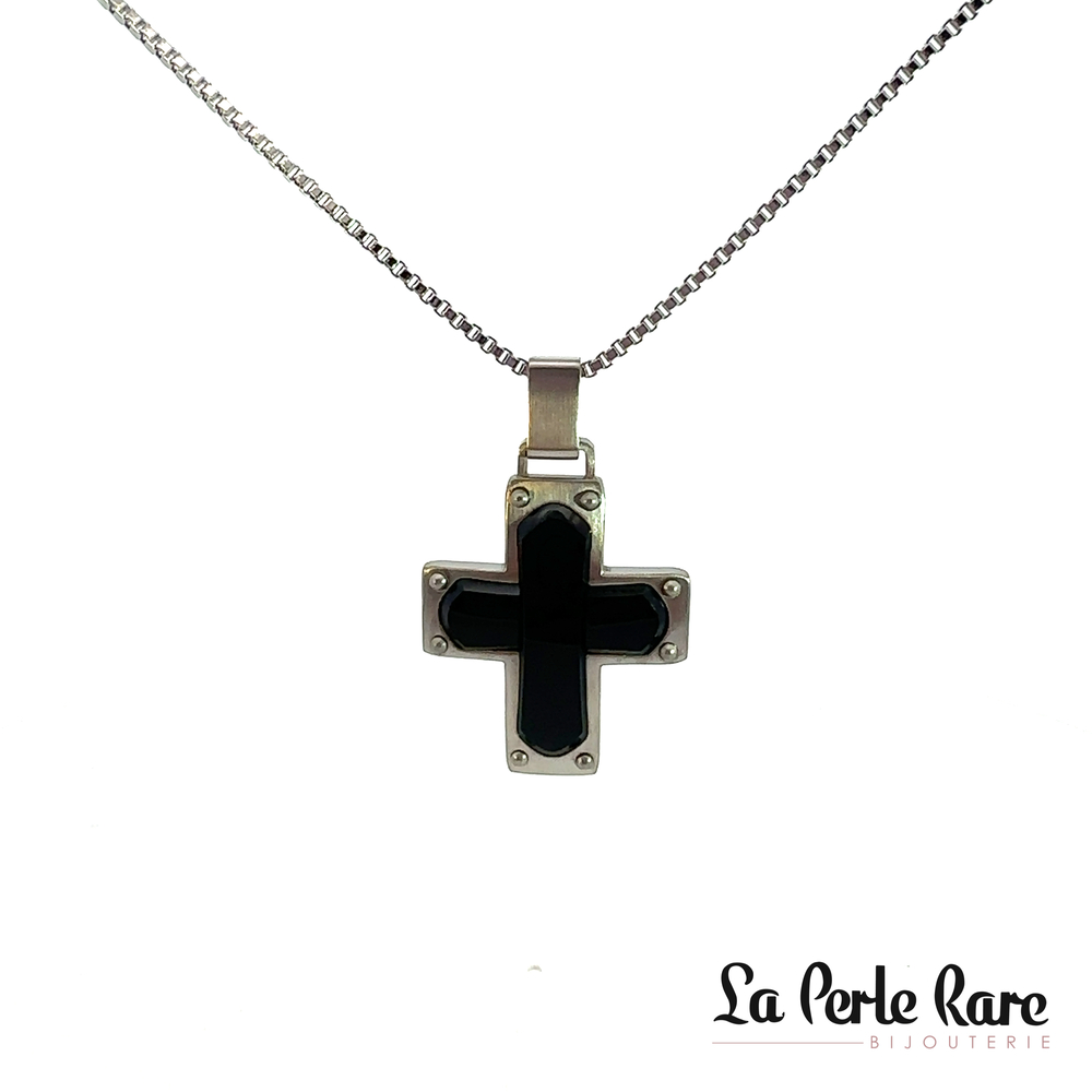 Pendentif croix, acier inoxydable 2 tons (blanc/noir) - 171-CR71340 - Steelx