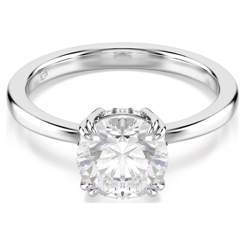 Bague solitaire, métal rhodié, cristal incolore