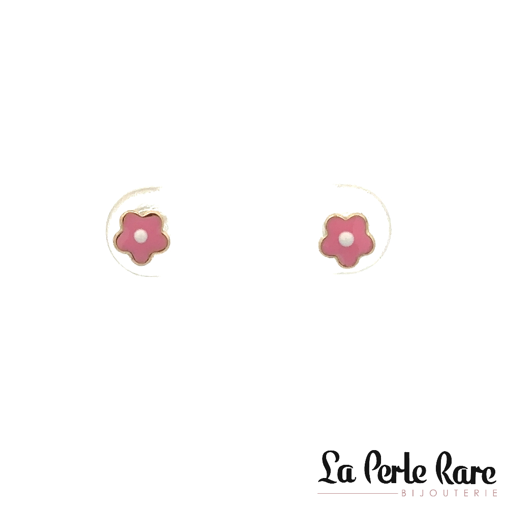 Boucles d'oreilles fixes vissées, fleurs, or jaune 10 carats, émail rose et blanc - 7527-ROSE - Exclusivités