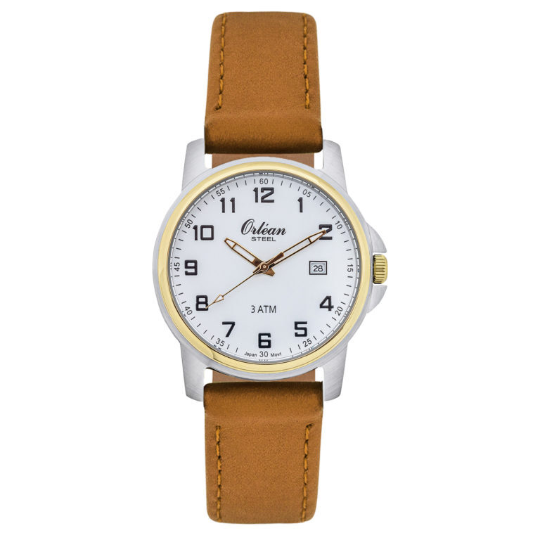 Montre pour homme 2 tons, bracelet cuir tan avec date - ME3174-TAN - Orlean