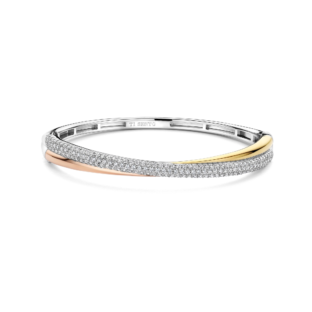 Bracelet rigide, argent 3 tons (blanc, jaune et rose), zircons incolores - 23071ZT - Ti Sento