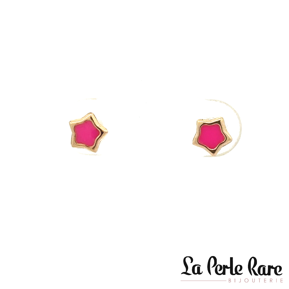 Boucles d'oreilles fixes vissées étoiles, or jaune 10 carats, émail rose - 13316-ROSE - Exclusivités