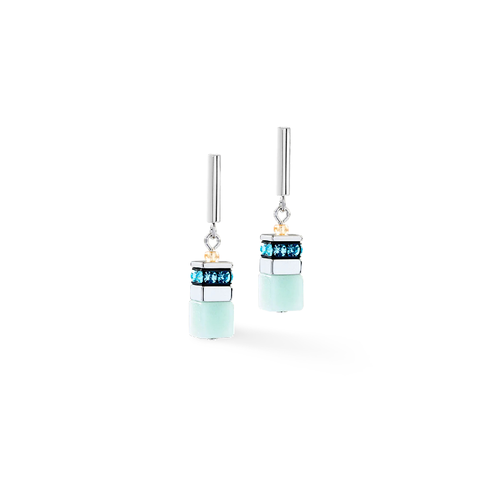 Boucles d'oreilles pendantes GeoCube, acier inoxydable, verre, cristaux