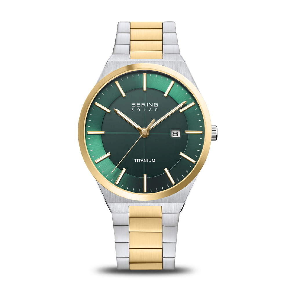 Montre solaire, titane 2 tons (blanc/jaune), fond vert - 14439-718 - Bering