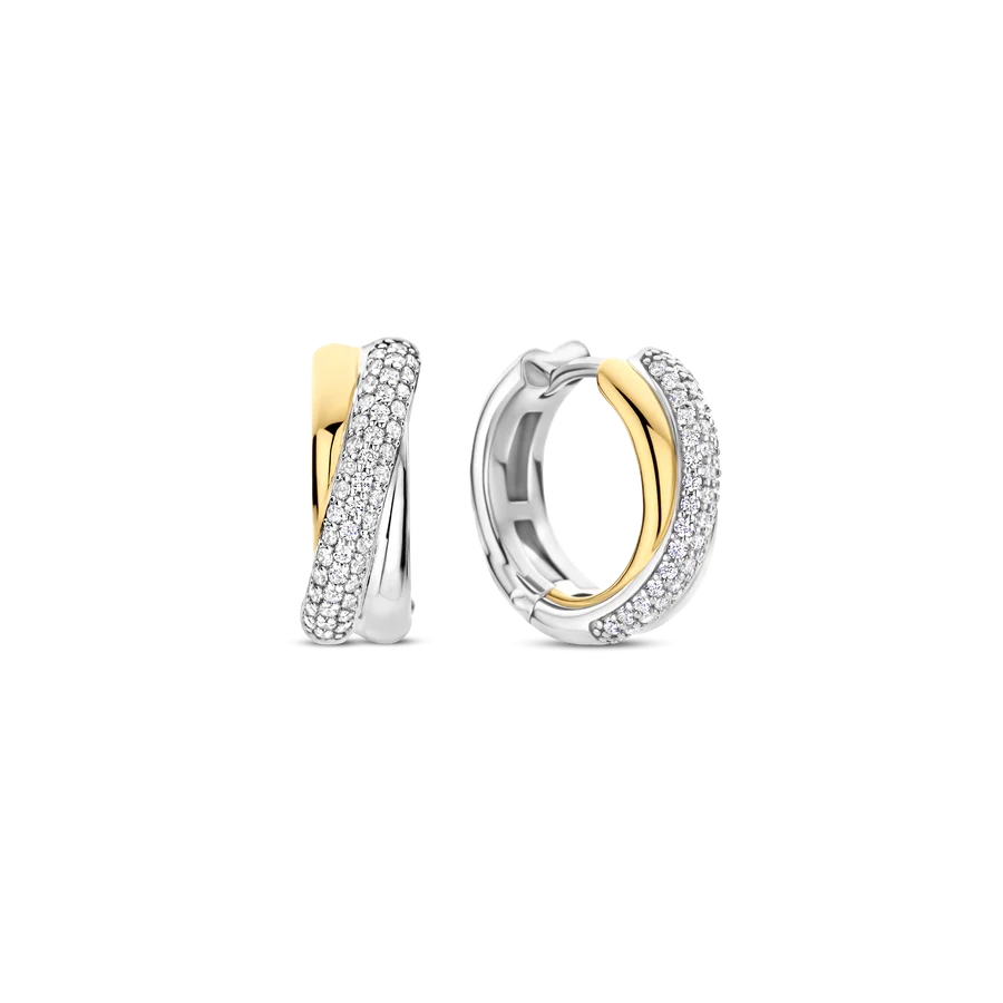 Anneaux de type huggies argent 2 tons (blanc et jaune), zircons incolores - 78012ZY - Ti Sento