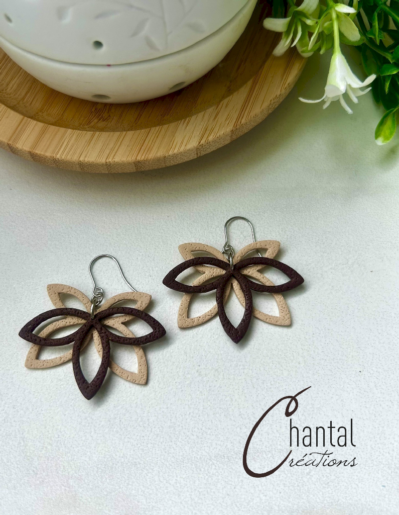 Boucles d'oreilles pendantes Lilou marron, argile polymère, acier inoxydable