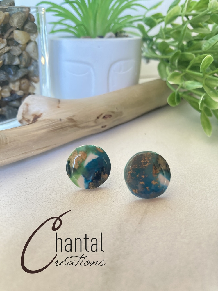 Boucles d'oreilles fixes Orlane bleu-vert, argile polymère, acier inoxydable - 25-BO-14 - Création Chantal