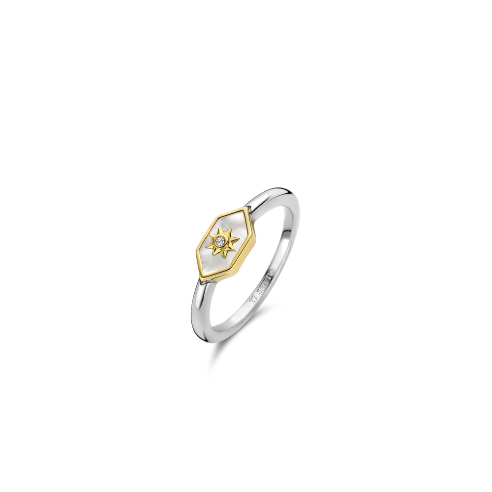 Bague argent 2 tons (blanc/jaune), zircon incolore, nacre de perle - 12311MW-52 - Ti Sento