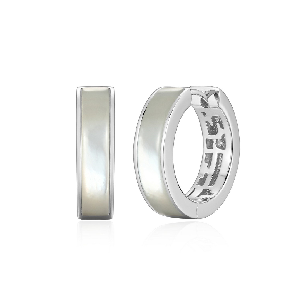 Anneaux de type huggies argent rhodié, nacre de perle