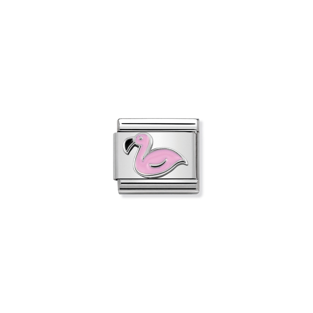 Maille classique flamant rose, acier inoxydable, argent, émail rose et noir