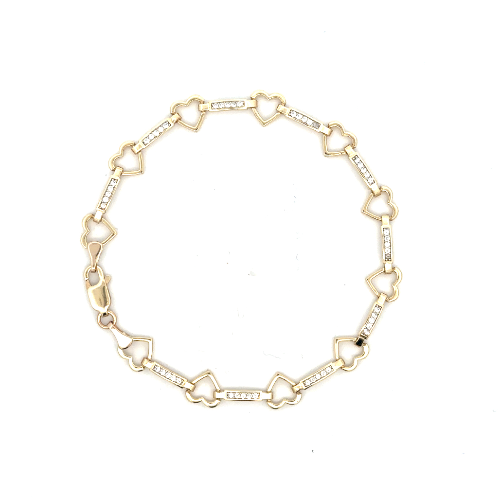 Bracelet coeurs, or jaune 10 carats, zircons incolores - BALT-12-J - Exclusivités