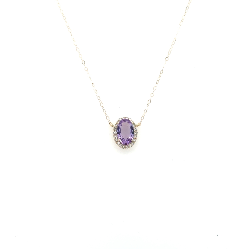 Collier or jaune 10 carats, améthyste, 15 points de diamant total