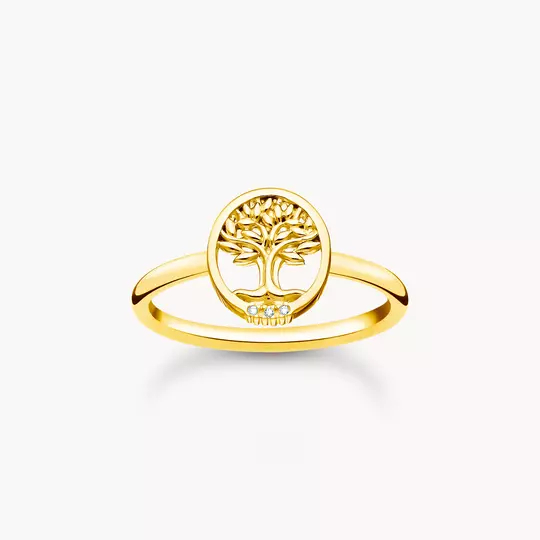 Bague arbre de vie, argent finition or jaune 18 carat