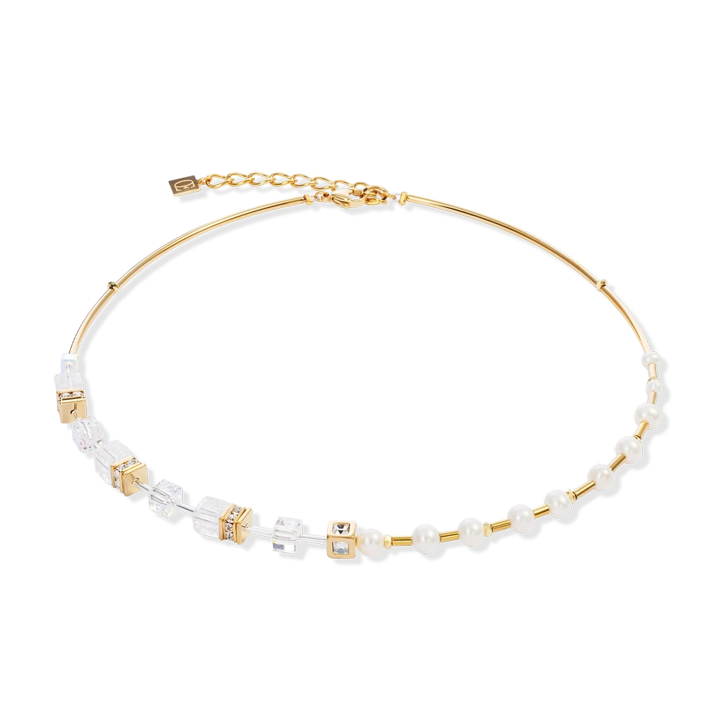 Collier GeoCube, acier inoxydable doré, verre, cristaux, perles d'eau douce