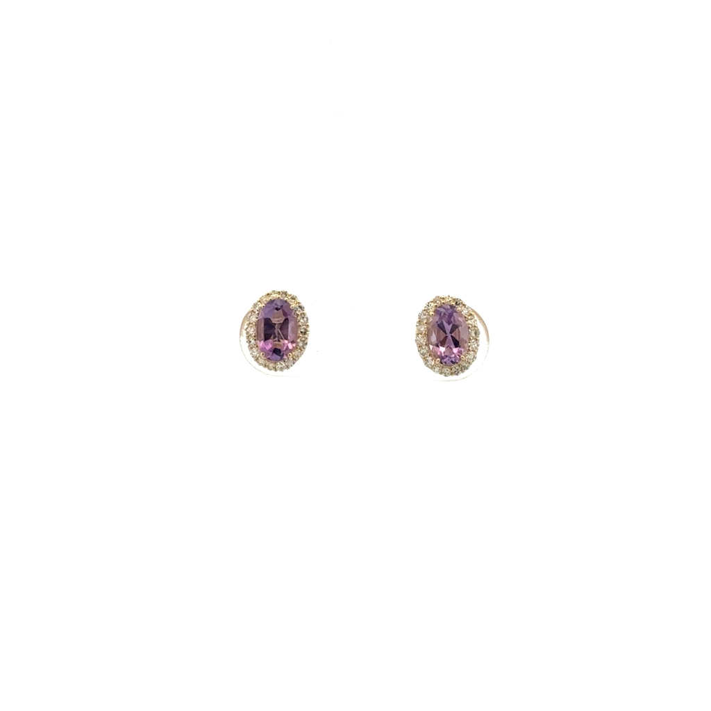 Boucles d'oreilles fixes or jaune 10 carats, améthystes, 20 points de diamant total