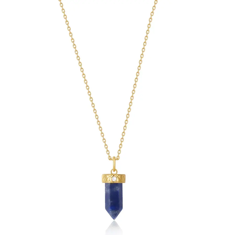 Collier argent doré, pendentif lapis, zircons 