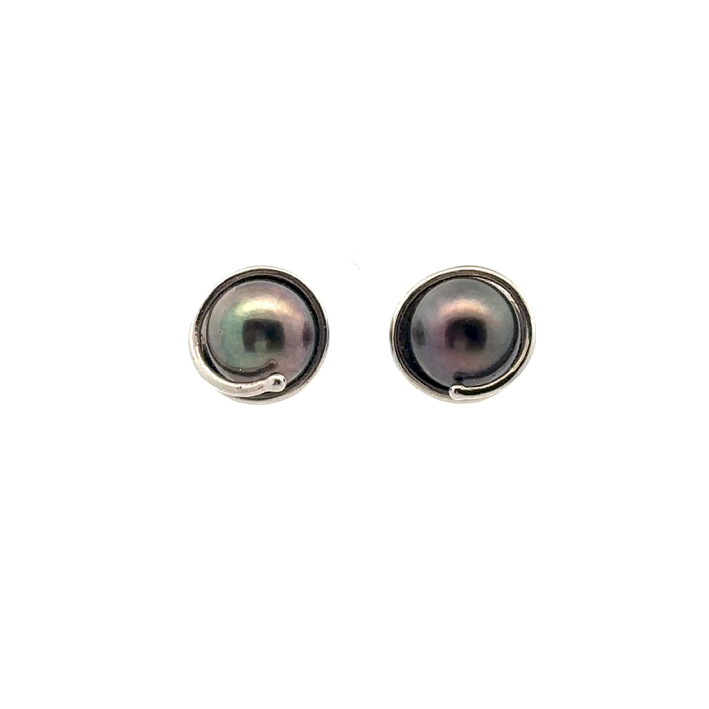 Boucles d'oreilles fixes or blanc 10 carats, perle d'eau douce teinté 8.5 - 9 millimètres - BO-N250B - Exclusivités