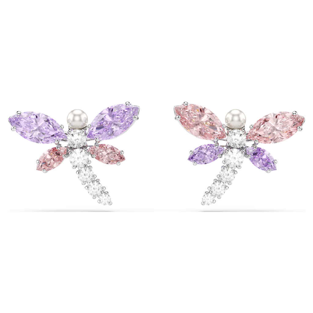 Boucles d'oreilles fixes Ariana Grande, libellules, métal rhodié, cristaux multicolores, perles