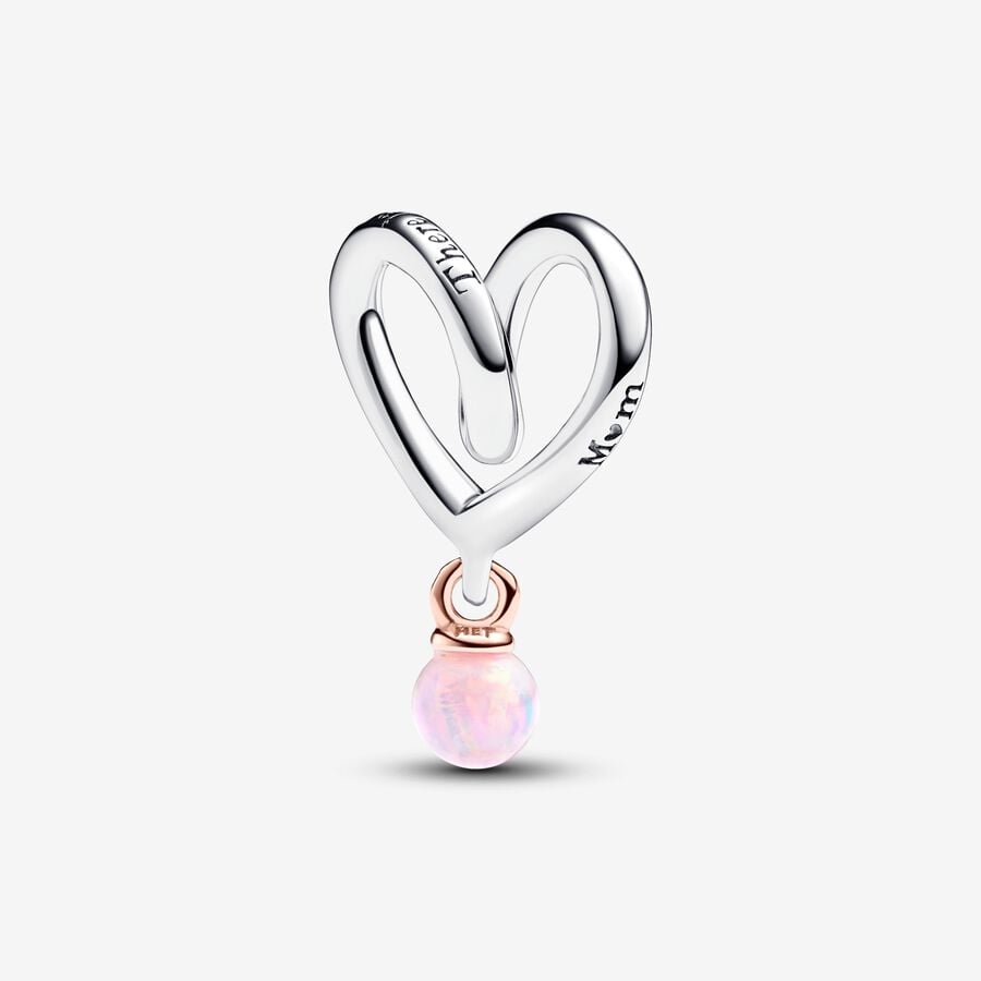 Heart charm, unique blend of sterling silver and 14k rose gold plated metal, lab-created pink opal Heart charm, unique blend of sterling silver and 14k rose gold plated metal, lab-created pink opal
