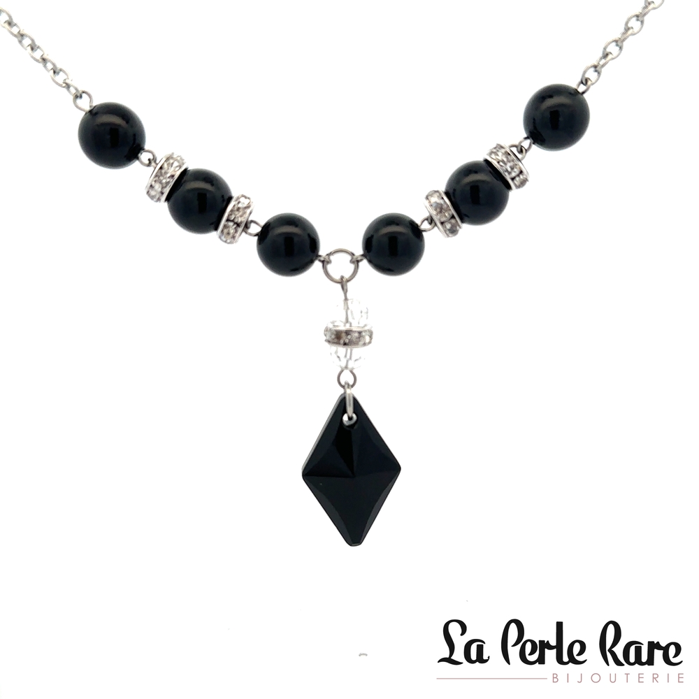 Collier acier inoxydable, billes noires, zircons incolores, cristal noir - 171-N8121 - Steelx