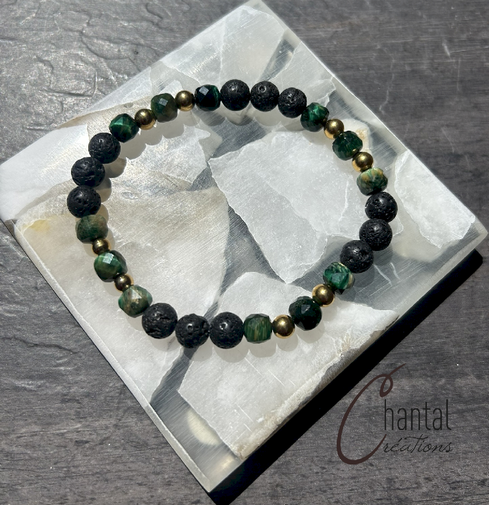 Bracelet extensible Nicolas vert facetté, pierre de lave, oeil-de-tigre vert facetté, acier inoxydable doré