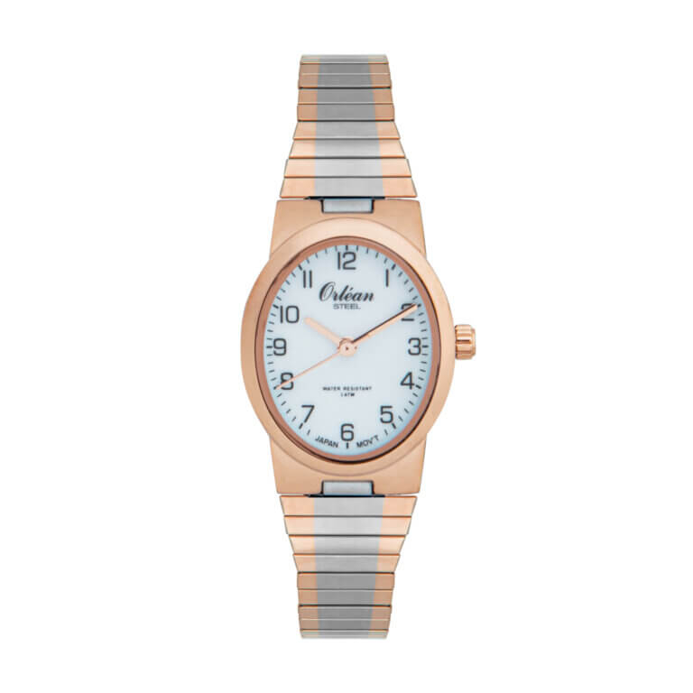 Montre extensible ovale, acier inoxydable 2 tons (rose/blanc), fond blanc - ME3487 - Orlean