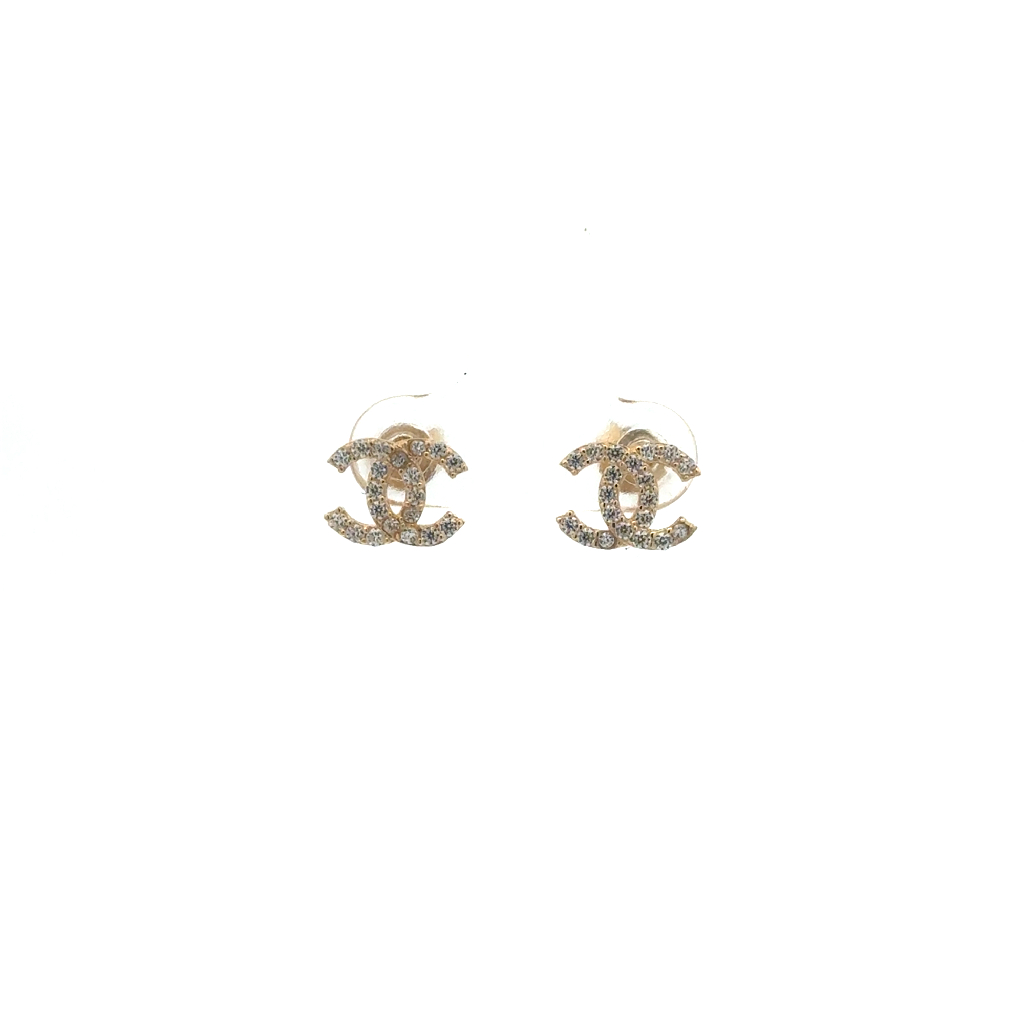 Boucles d'oreilles fixes de style Coco Chanel, or jaune 10 carats, zircons incolores