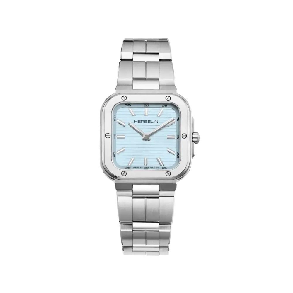 Montre carrée, acier, fond bleu - 17546B25 - Herbelin