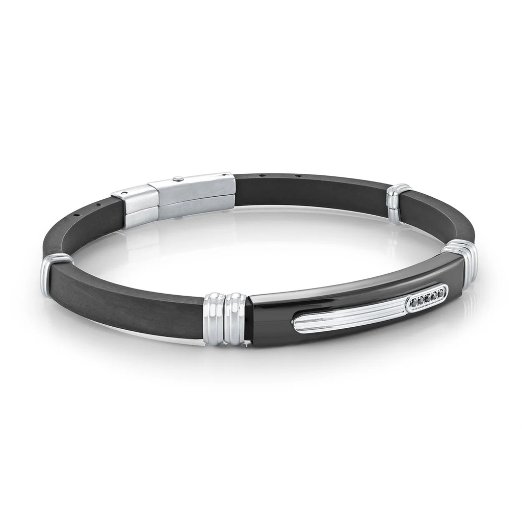 Bracelet silicone noir, acier inoxydable, zircons noirs - SBR31 - Italgem Steel