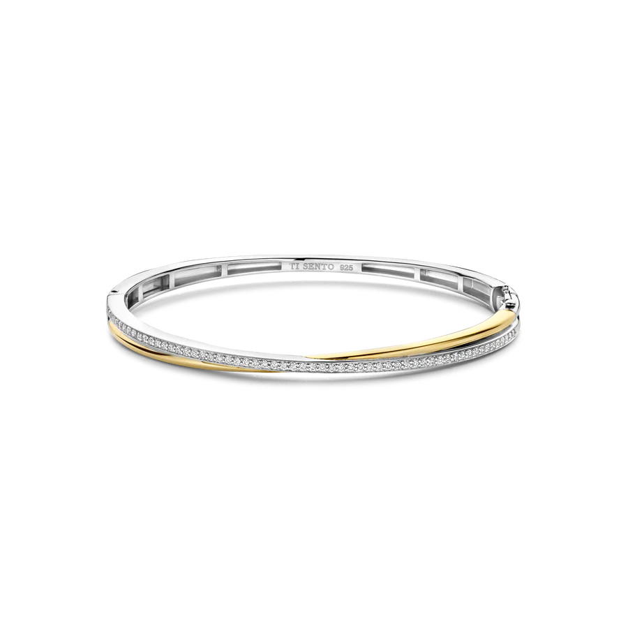 Bracelet rigide, argent 2 tons (blanc/jaune), zircons incolores - 23045ZY - Ti Sento