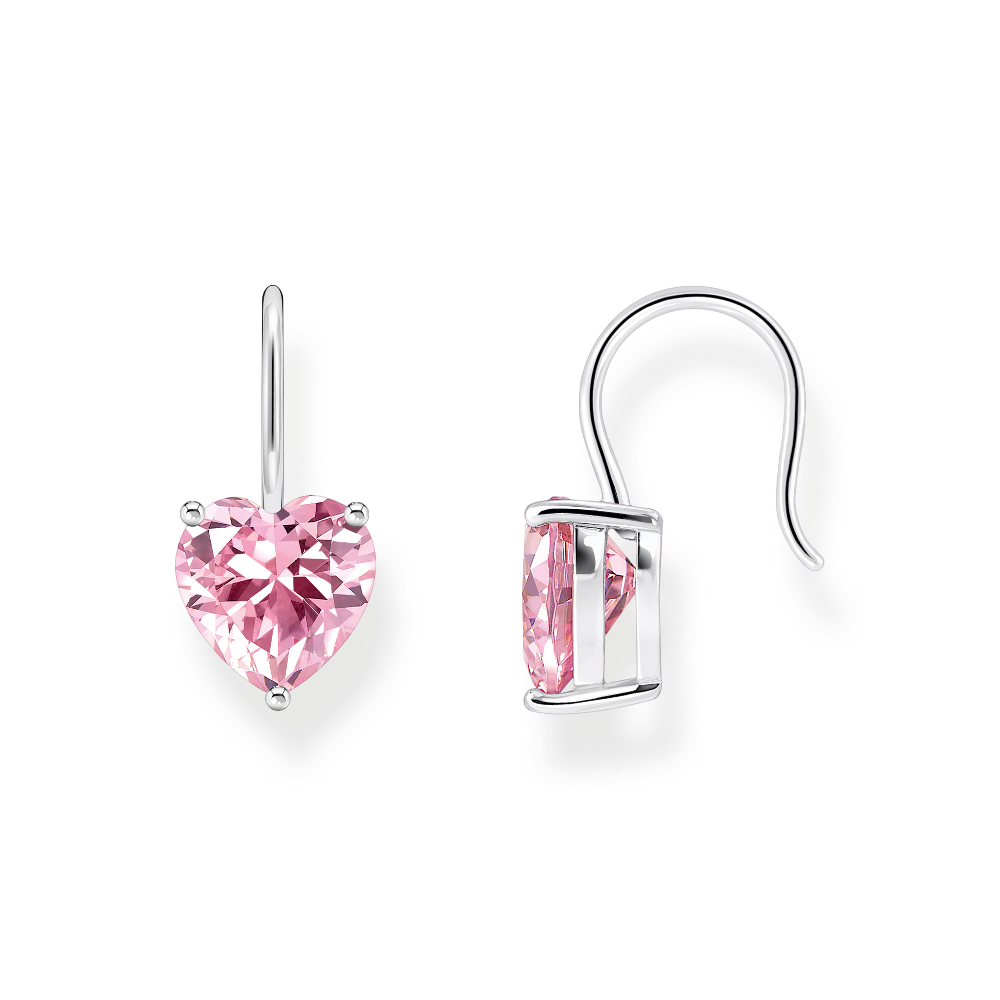 Boucles d'oreilles pendantes coeurs, argent, zircons roses