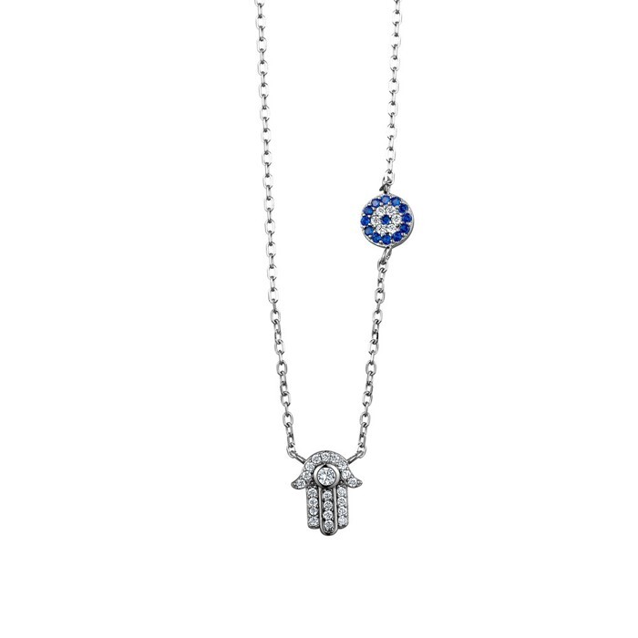 Collier main de Fatima, argent, zircons blancs/bleus - N3435 - Création Gl