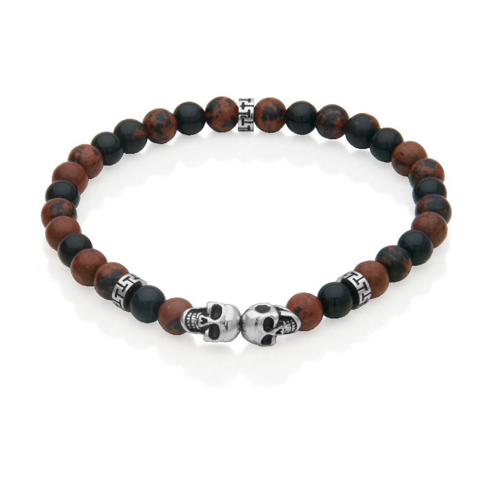 Bracelet extensible tête de mort, acier inoxydable, obsidienne brune, 6 millimètres - T1XH470175 - Steelx