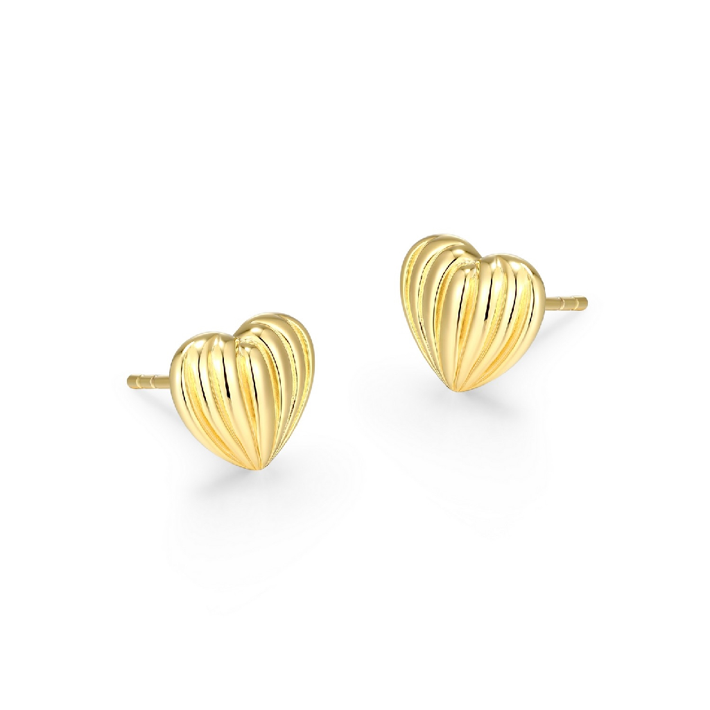 Boucles d'oreilles fixes coeurs bombés, argent finition or jaune 18 carats