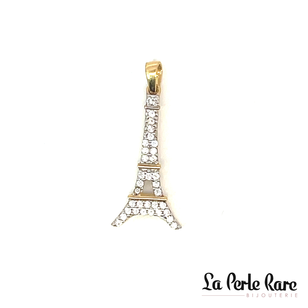 Pendentif tour Eiffel,or jaune 10 carats, zircons incolores