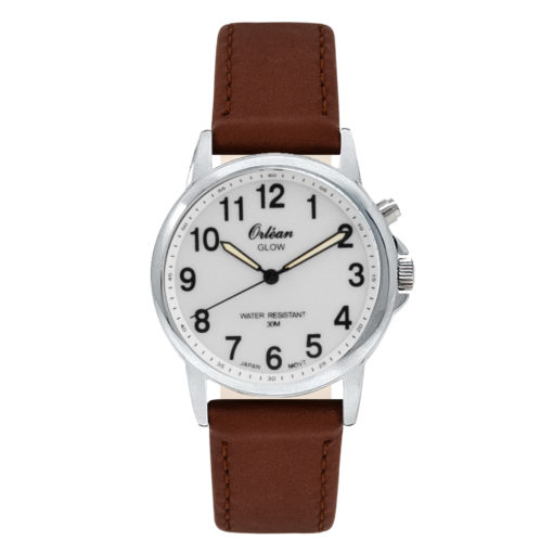 Montre cuir brun, acier inoxydable, fond blanc - ME3639-BR - Orlean
