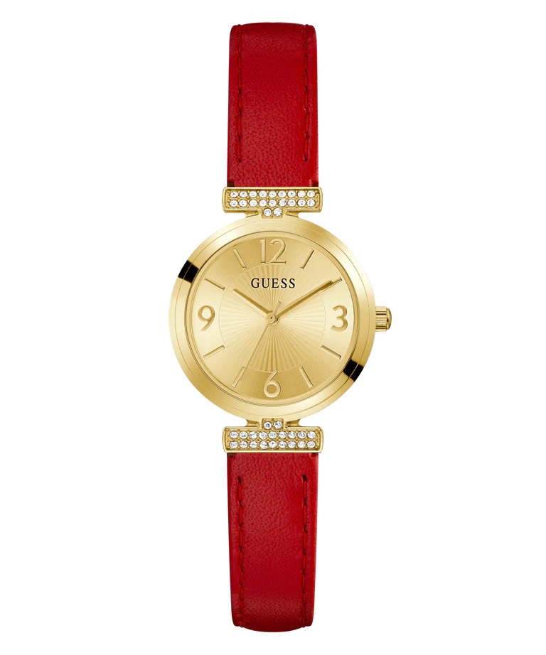 Montre cuir rouge, acier inoxydable doré, cristaux incolores